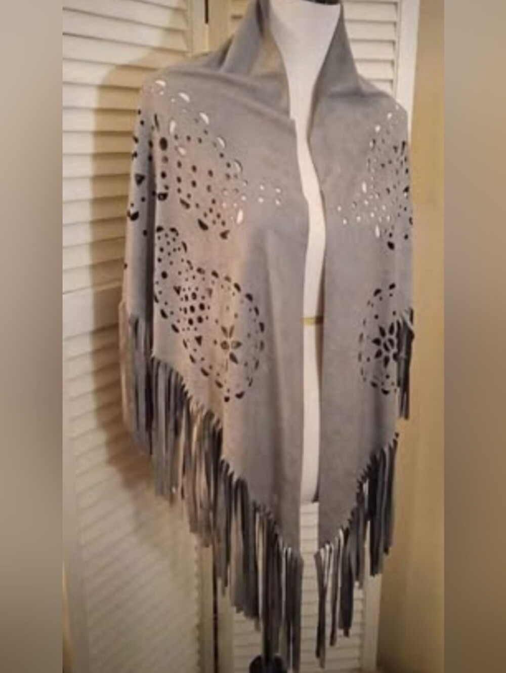 NWOT Gray Faux Suede Laser Cut Fringe Shawl Wrap